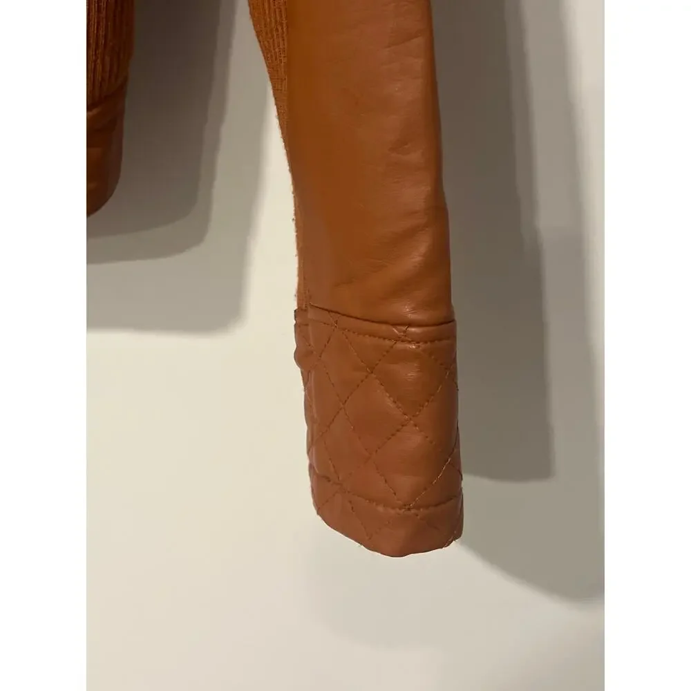 Cognac Vegan Leather Biker Jacket, Size Small, KB383hang - Picture 3 of 6